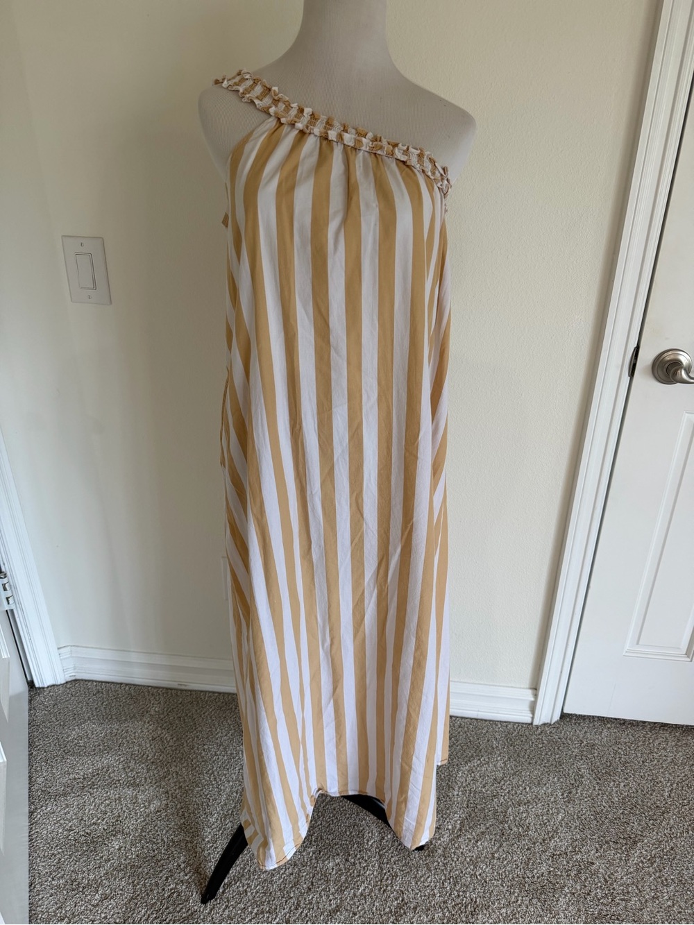 Bird & Knoll Striped One Shoulder Cotton Maxi Tent Dress Tan Size Medium